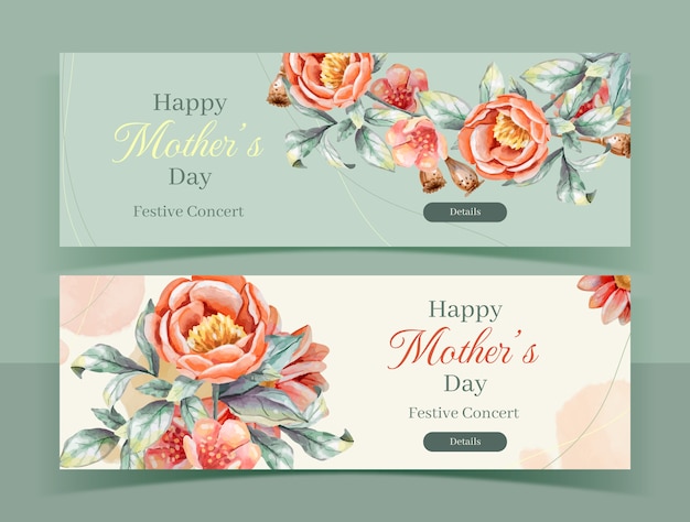 Vector watercolor mother's day horizontal banners pack