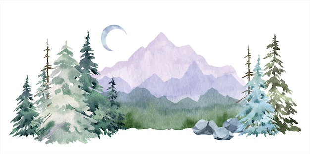 Acquerello paesaggio forestale di montagna ottimo design per qualsiasi scopo illustrazione ad acquerello