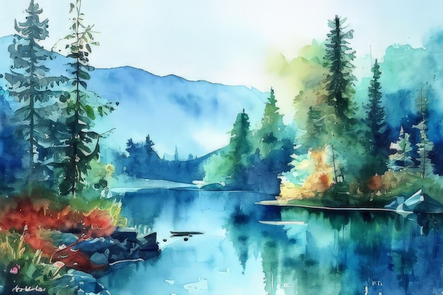 Вектор Акварель горное озеро в красивом лесу иллюстрация высокого качества