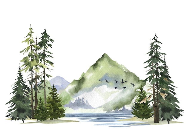 Vector watercolor mountain river forest landscape illustration