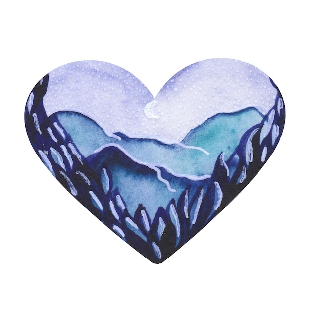 Vector watercolor mountain twilight landscape with stars and silhouettes of plants in the heart.