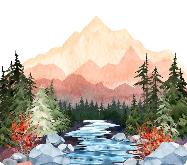 Watercolor mountains river landscape