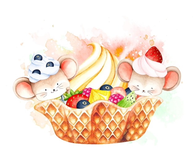 Watercolor mouse and fruit ice cream