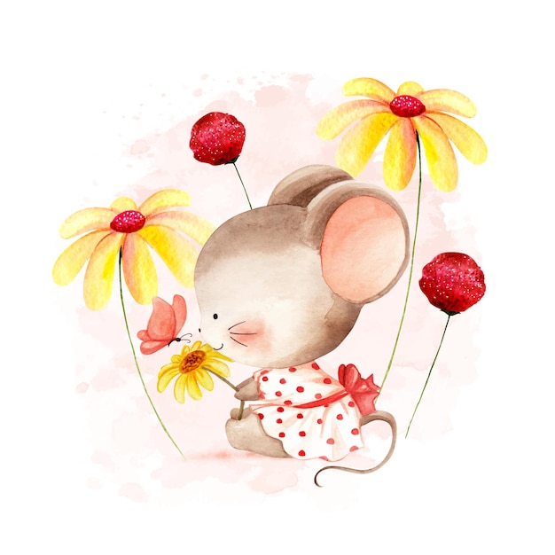 Vettore mouse dell'acquerello con fiore