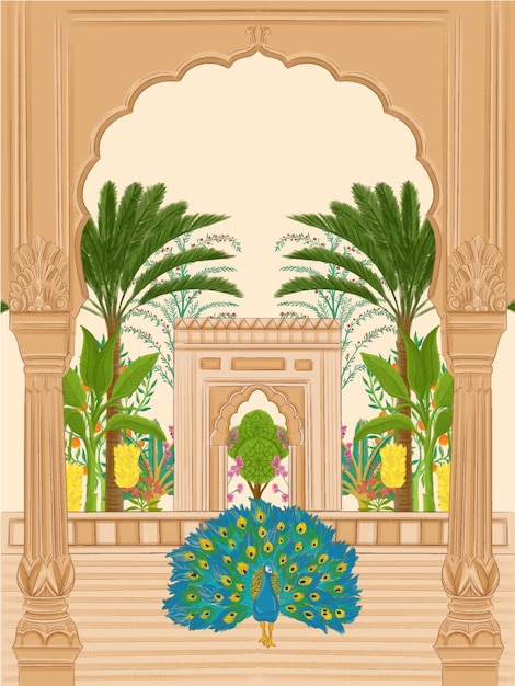 watercolor mughal traditional nude color garden arch illustration