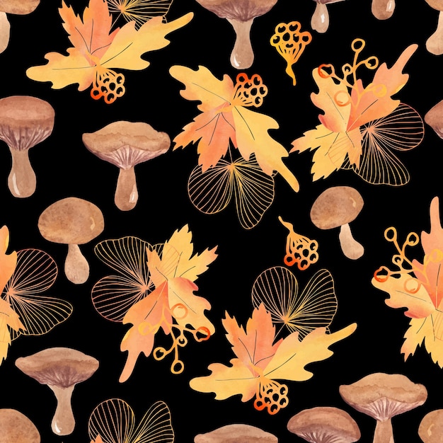 Watercolor mushrooms and autumn leaves vector seamless pattern