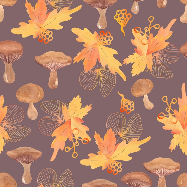 Watercolor mushrooms and autumn leaves vector seamless pattern