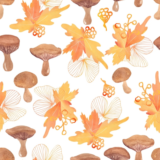 Watercolor mushrooms and autumn leaves vector seamless pattern