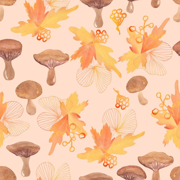 Watercolor mushrooms and autumn leaves vector seamless pattern