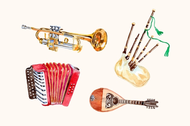 Vector watercolor musical instruments collection