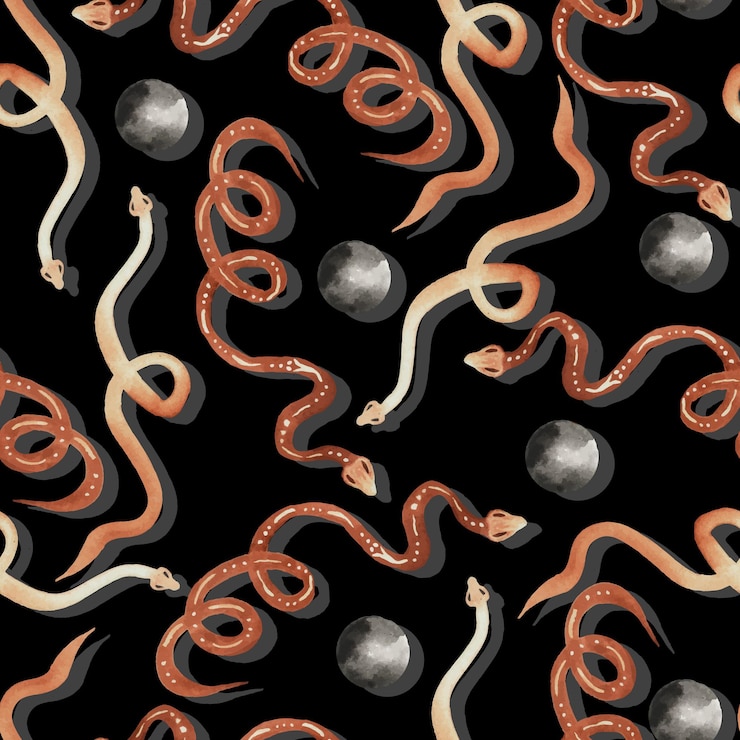 Vector watercolor mystical witch background snake and full moon vector seamless pattern