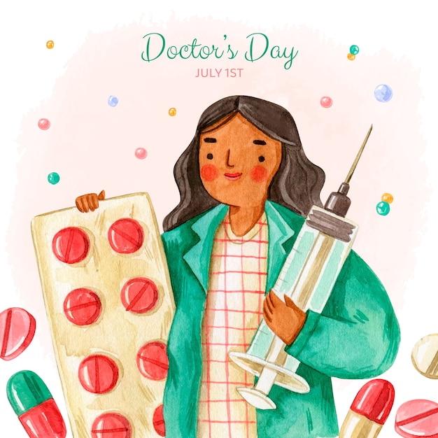 Illustrazione del giorno del medico nazionale dell'acquerello con siringa e pillole della holding del medico