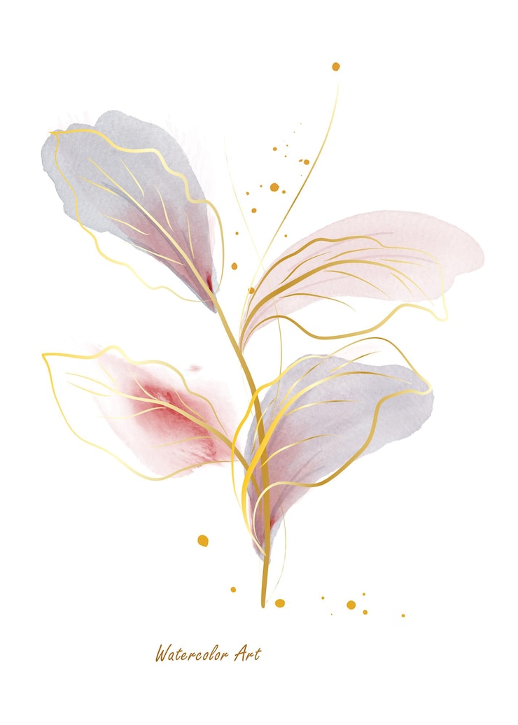 Vector watercolor natural art invitation card of gold line gentle leaves decorated with gold deops. art botanical watercolor hand-painted isolated on white background. brush included in file.