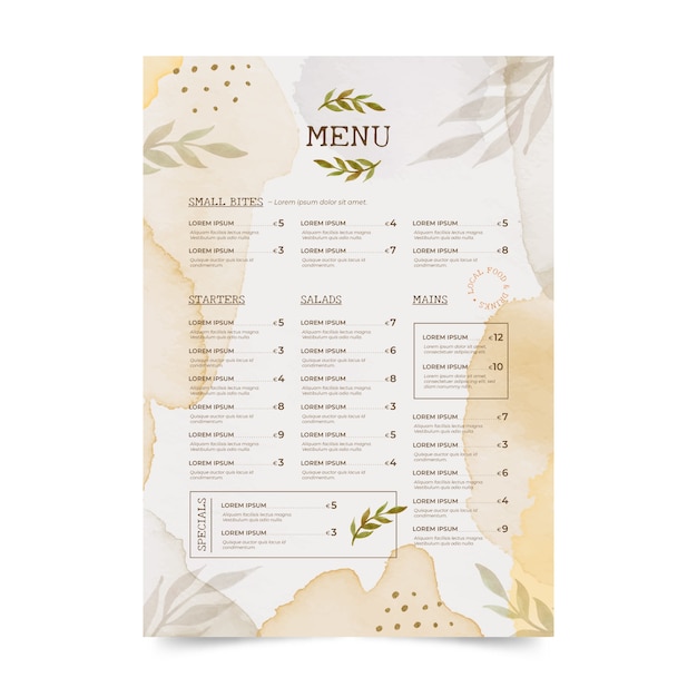 Modello di menu naturale dell'acquerello