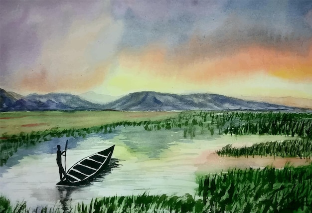 Watercolor nature painting boat on the river illustration