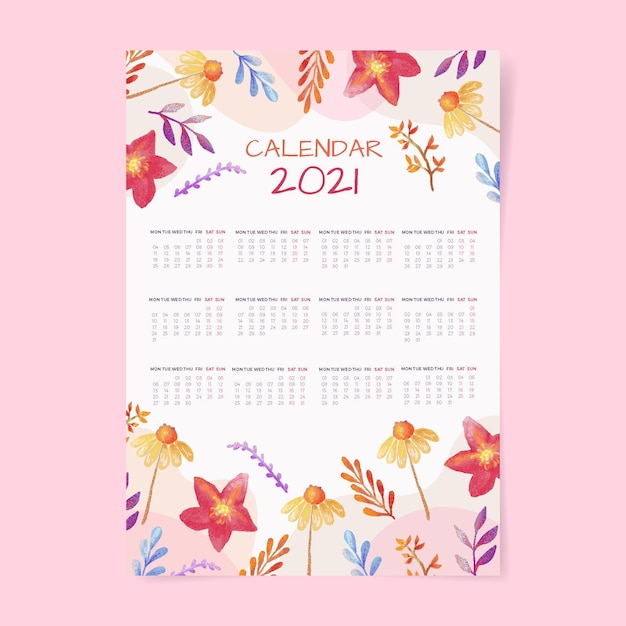 Watercolor new year 2021 calendar template