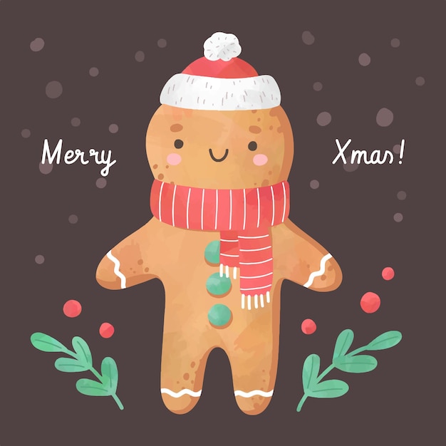 Watercolor new year christmas gingerbread man