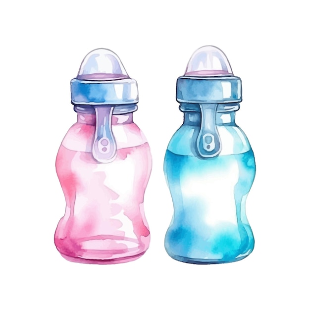 ベクトル ピンクとブルーのボトルをセットした水彩の新生児の男の子と女の子