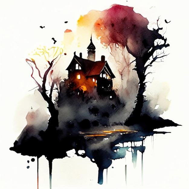 Vector watercolor night landscape with a lonely house and light in the window