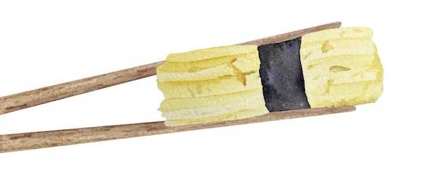 Watercolor nigiri sushi with tamago between wooden chopsticks top view on white background.