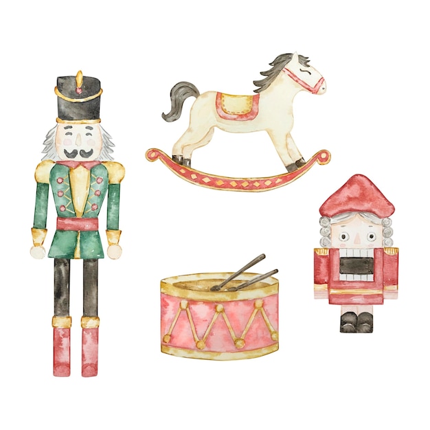 Watercolor nutcracker christmas horse drum and soldier toys