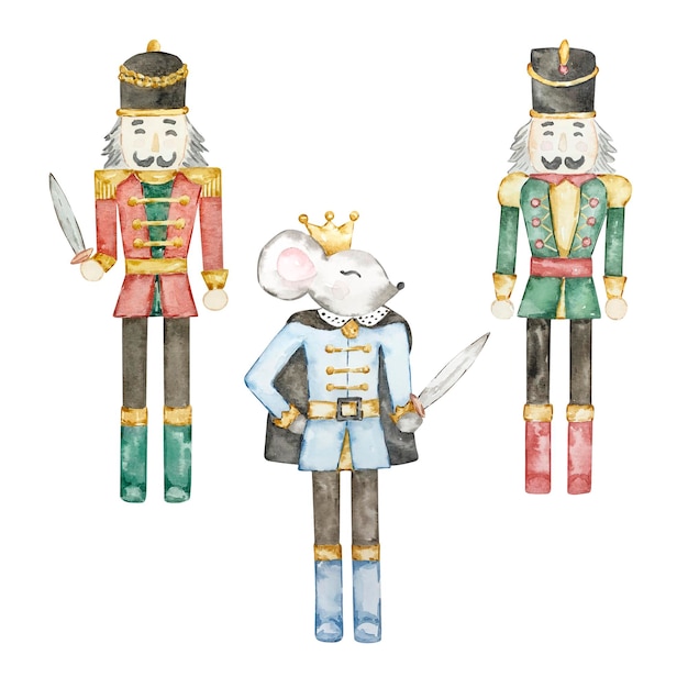 Vector watercolor nutcracker christmas soldiers and mouse king toys