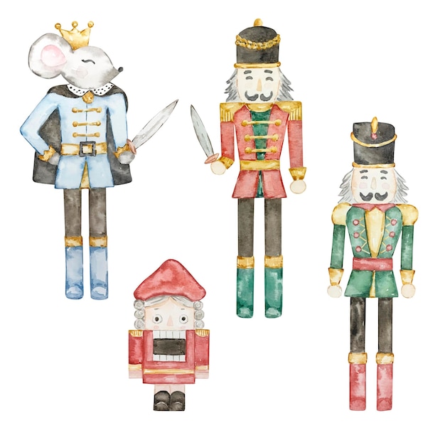 Vector watercolor nutcracker christmas soldiers and mouse king toys