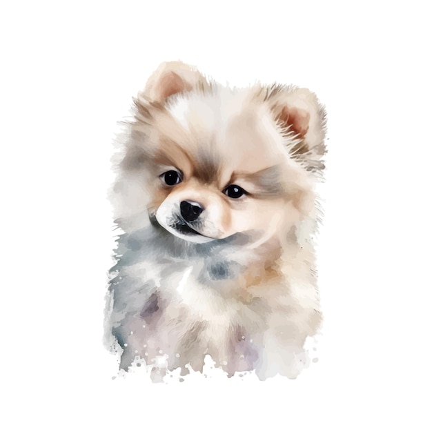 白い毛皮と白い背景を持つ子犬の水彩画。