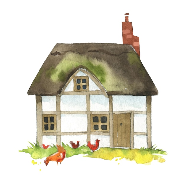 Vector watercolor old thatch cottage, english traditional architecture