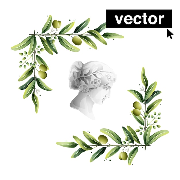 Watercolor olive frames with antique Italian god bust Vector illustration of Mediterranean berries