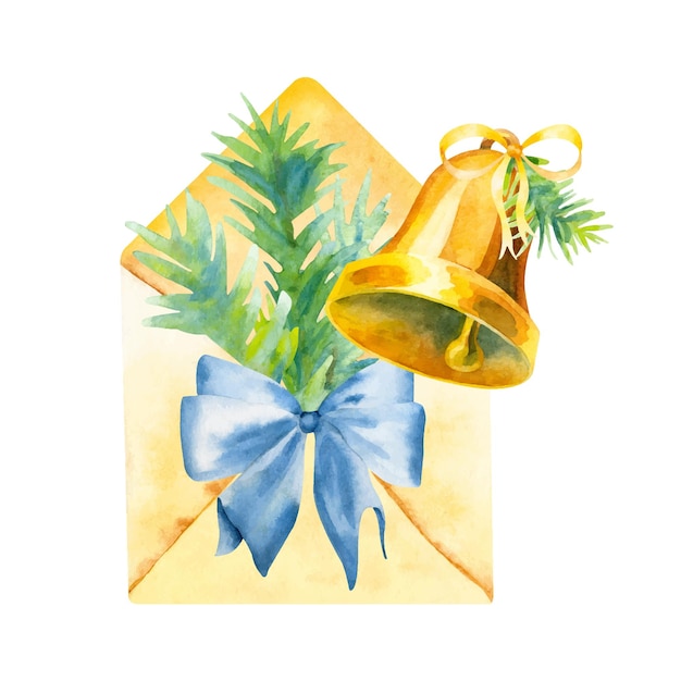 Watercolor opened postal envelope with green spruce branches and golden bell isolated