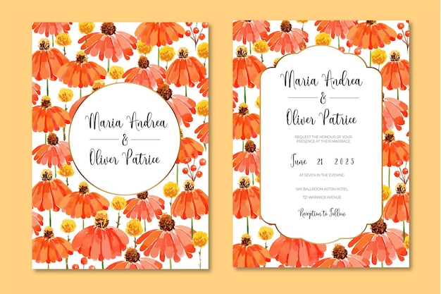 Vector watercolor orange cone flower wedding invitation template set