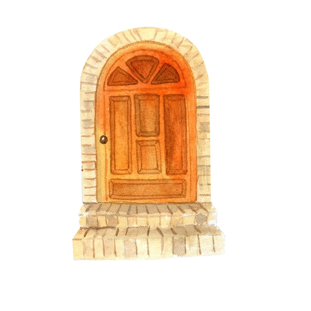 Vector watercolor orange door outside the house