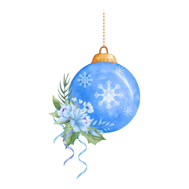 花の花束と水彩の装飾的なクリスマスボール