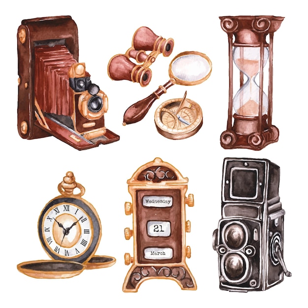 Vector watercolor painted antique market collection