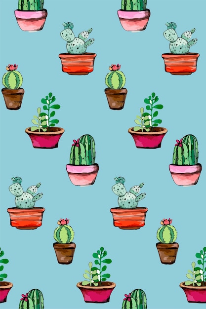 Vector watercolor painted cacti and succulents seamless pattern
