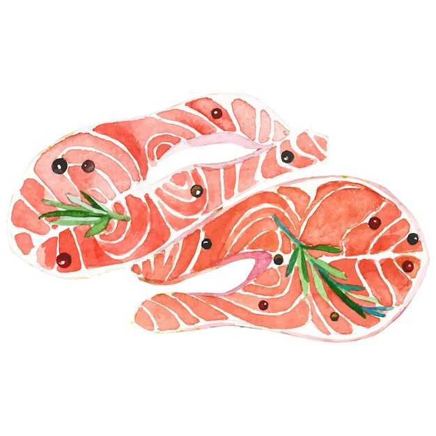 Watercolor painted salmon fillet Hand drawn fresh seafood design element isolated on white background