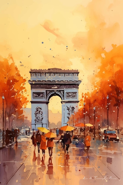 Vector watercolor painting of the arc de triomphe in paris at dawn