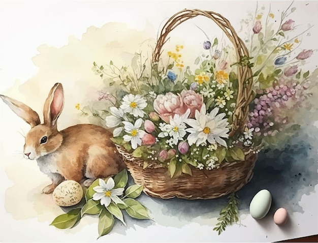 A watercolor painting of a basket of flowers and a bunny