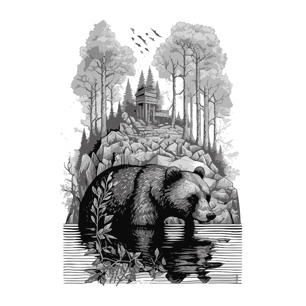 Акварельный рисунок медведя, купающегося в озере