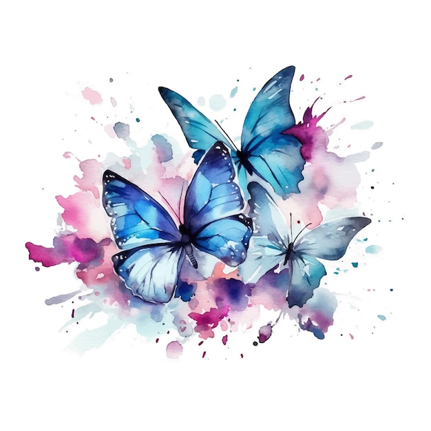 A watercolor painting of a blue butterfly with a pink background.