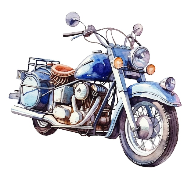 A watercolor painting of a blue motorcycle.