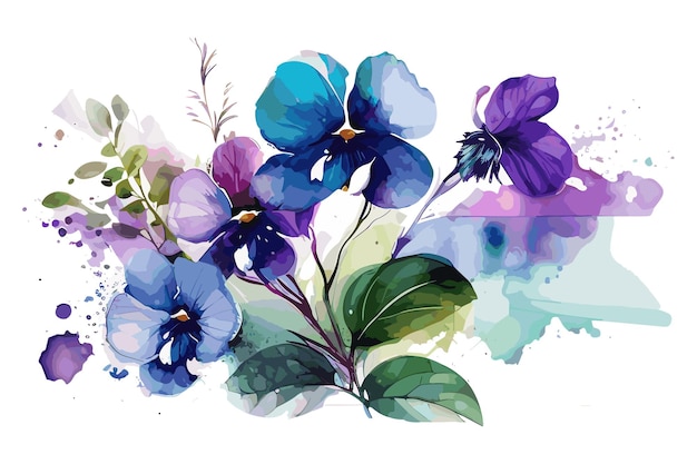 Un dipinto ad acquerello di fiori blu e viola.