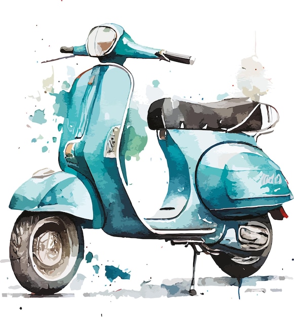 A watercolor painting of a blue vespa.