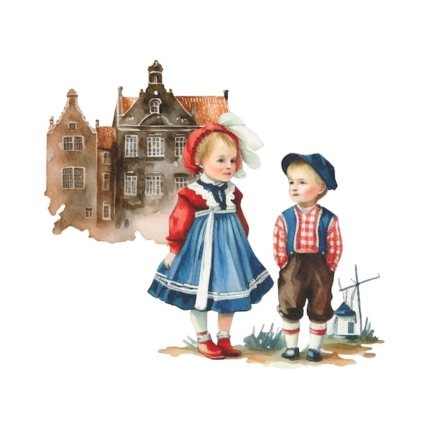 Dipinto ad acquerello di un ragazzo e una ragazza in abiti tradizionali olandesi davanti a un edificio olandese