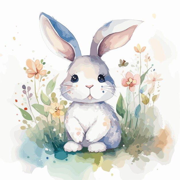 A watercolor painting of a bunny sitting in a field of flowers.