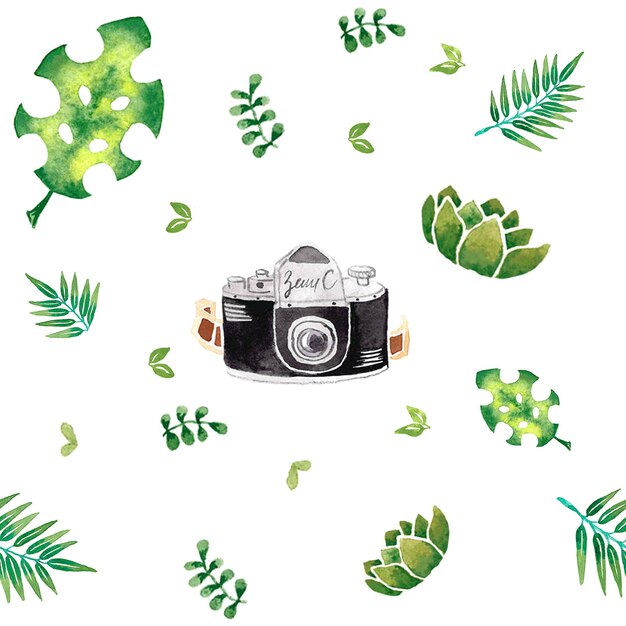 Vector a watercolor painting of a camera with a green background and leaves.