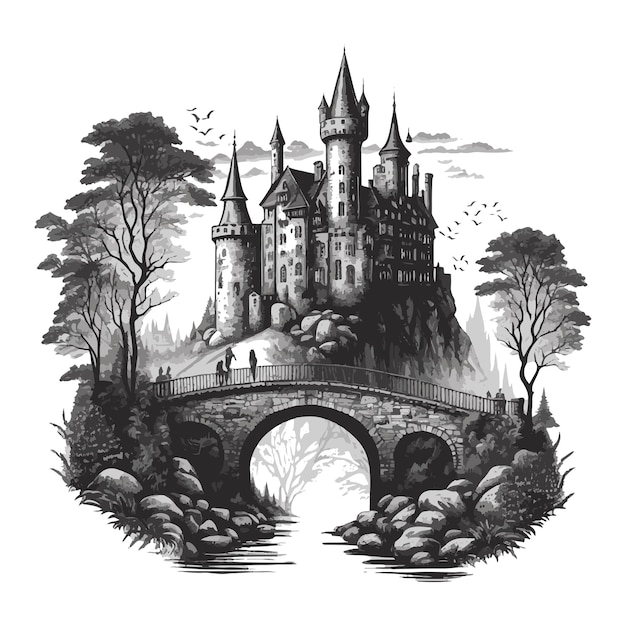 Watercolor painting of the castle over the ancient bridge