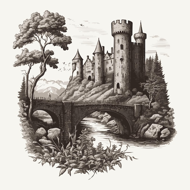 Vector watercolor painting of a castle by the river