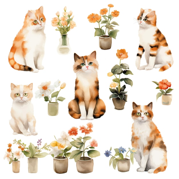 Watercolor painting of a cats and potted flowers